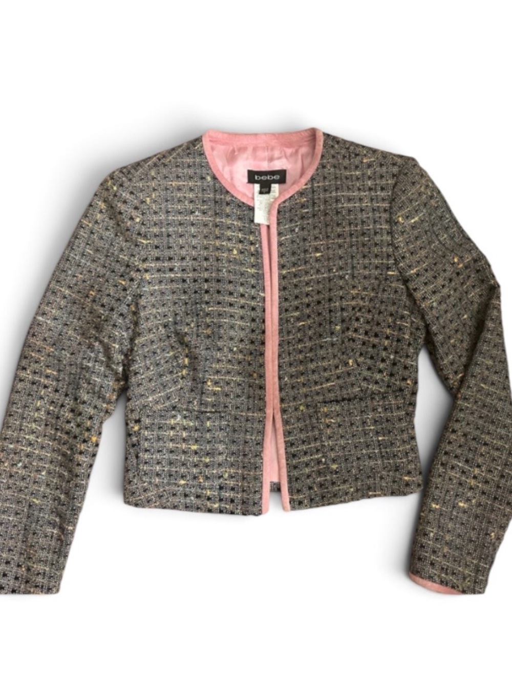 bebe Gray Tweed Cropped Jacket with Pink Trim